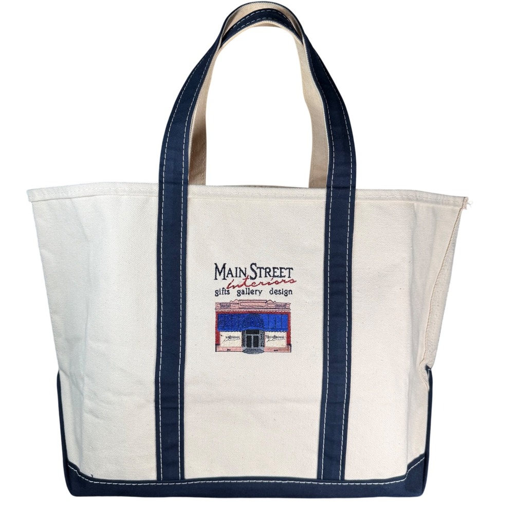 LL Bean Boat and Tote Open Top Bag Ivory Navy Vintage 1980s Large 17" Shopping